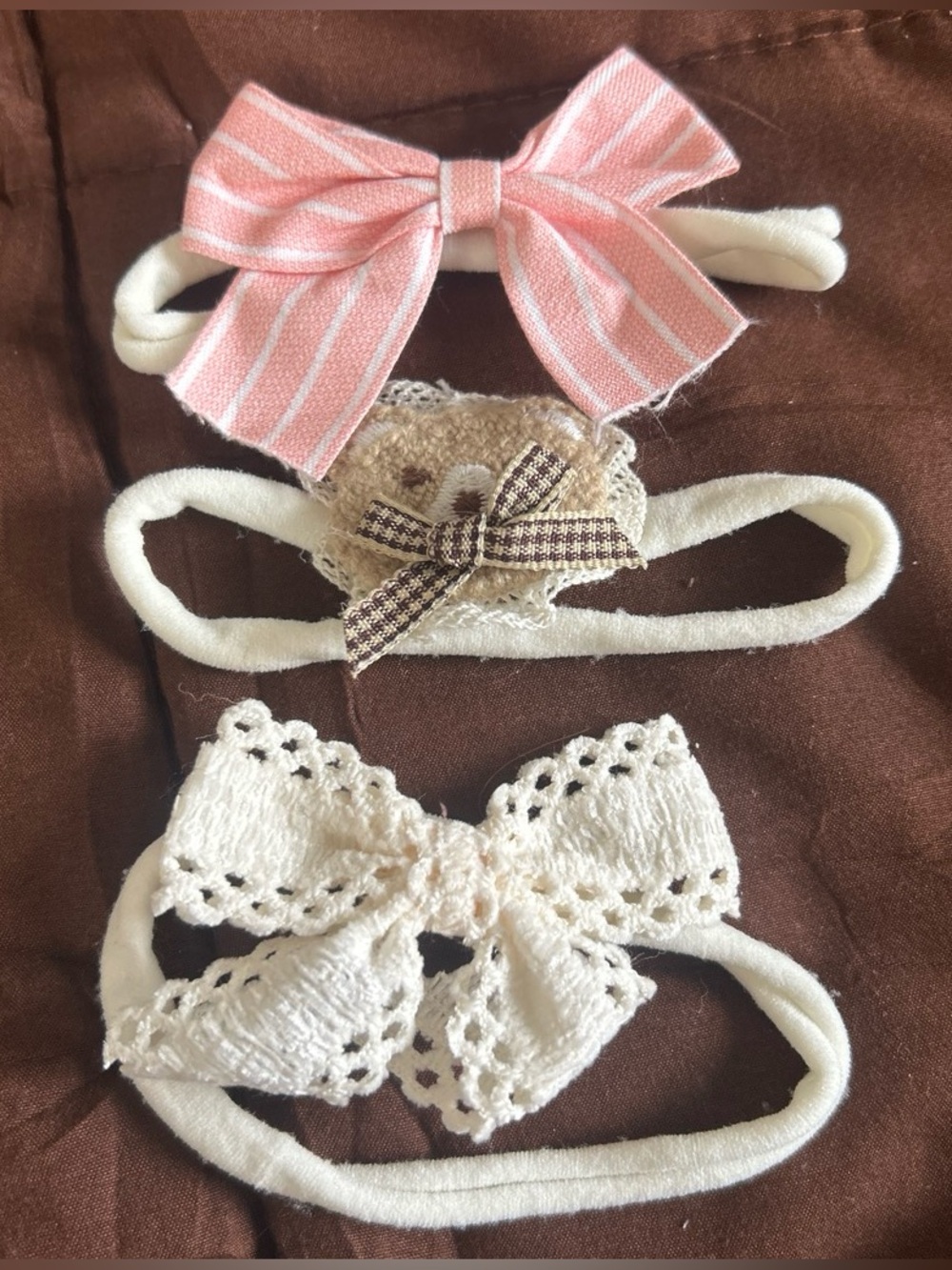 Marshalls Pink Stripe and Cream Lace Bow Headband Trio